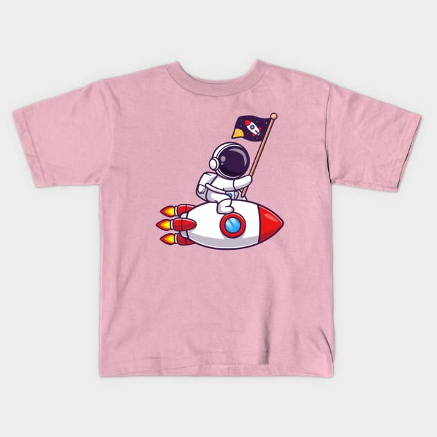 Cute Astronaut Riding Rocket With Space Flag Cartoon Kids T-Shirt by Catalyst Labs